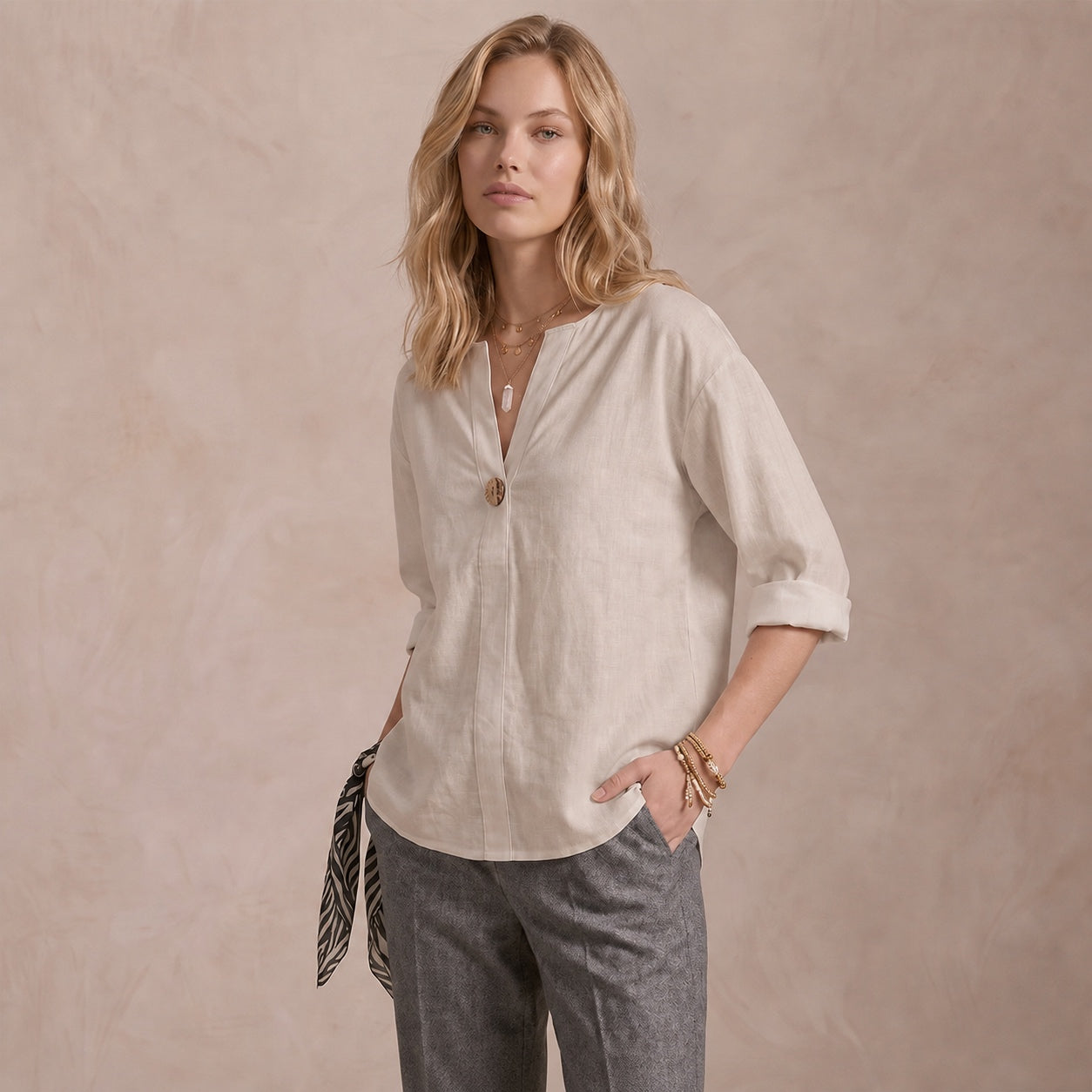 Women's Linen-Look V-Neck Blouse Long-Sleeve Button Casual Shirt Everyday