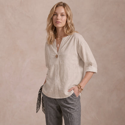 Women's Linen-Look V-Neck Blouse Long-Sleeve Button Casual Shirt Everyday