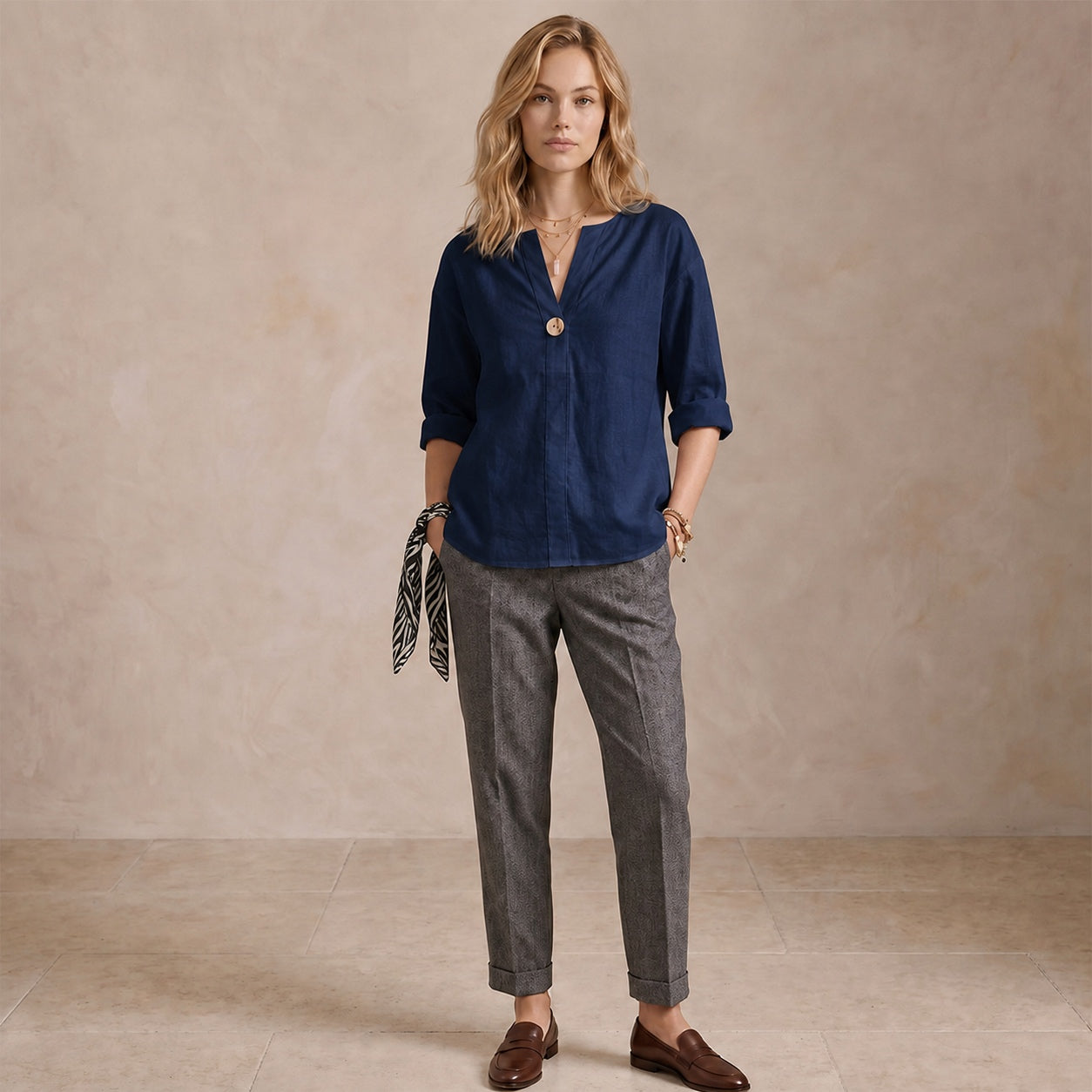 Women's Linen-Look V-Neck Blouse Long-Sleeve Button Casual Shirt Everyday