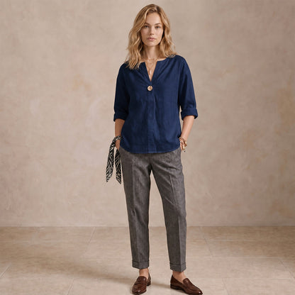 Women's Linen-Look V-Neck Blouse Long-Sleeve Button Casual Shirt Everyday