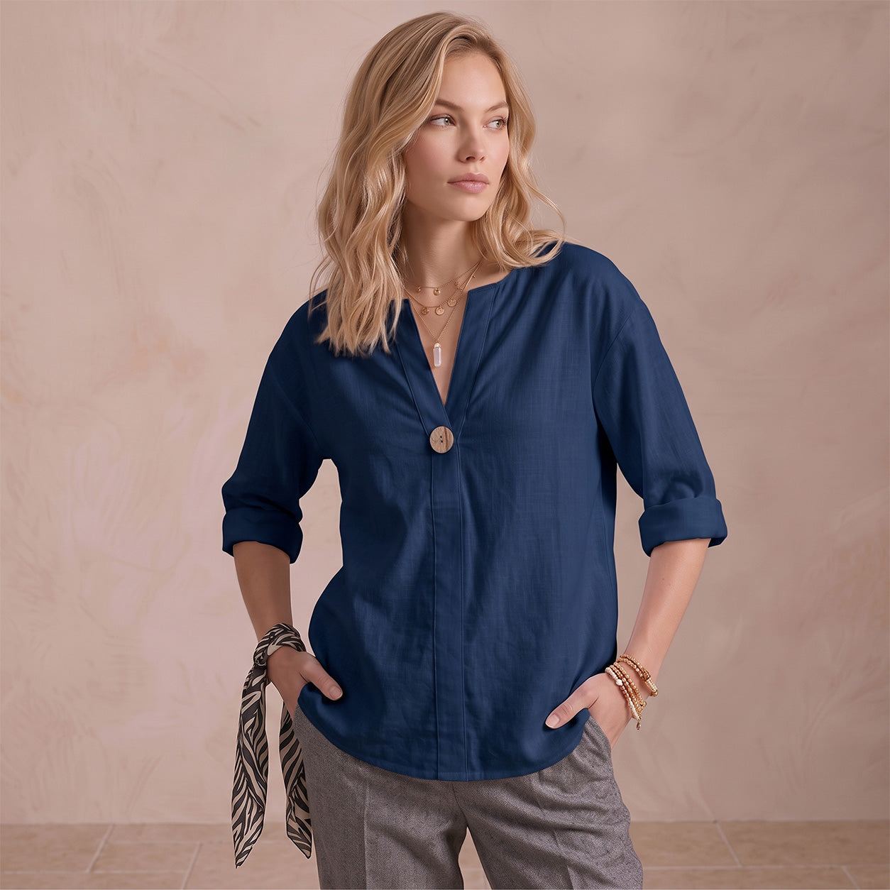 Women's Linen-Look V-Neck Blouse Long-Sleeve Button Casual Shirt Everyday