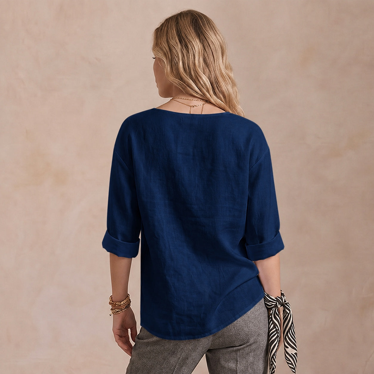Women's Linen-Look V-Neck Blouse Long-Sleeve Button Casual Shirt Everyday