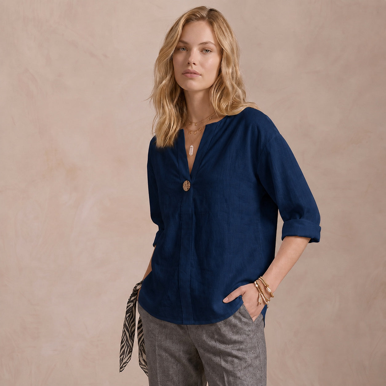 Women's Linen-Look V-Neck Blouse Long-Sleeve Button Casual Shirt Everyday
