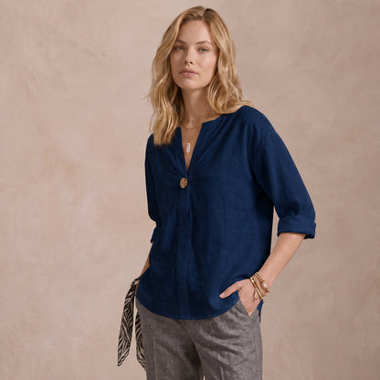 Women's Linen-Look V-Neck Blouse Long-Sleeve Button Casual Shirt Everyday