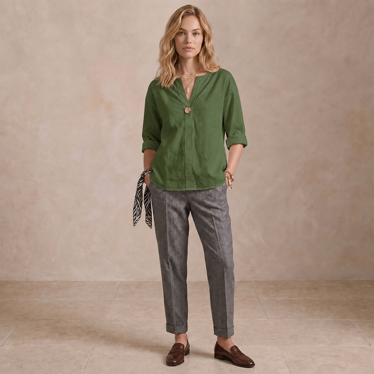 Women's Linen-Look V-Neck Blouse Long-Sleeve Button Casual Shirt Everyday