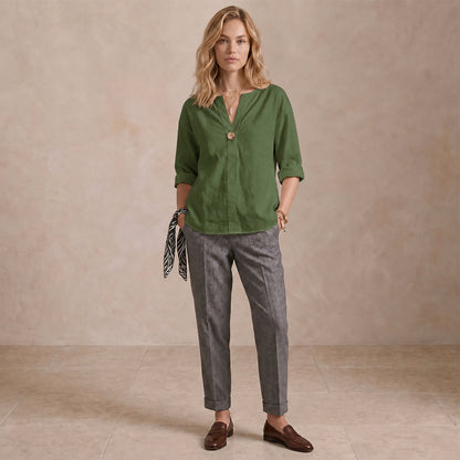 Women's Linen-Look V-Neck Blouse Long-Sleeve Button Casual Shirt Everyday