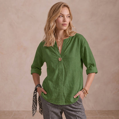 Women's Linen-Look V-Neck Blouse Long-Sleeve Button Casual Shirt Everyday