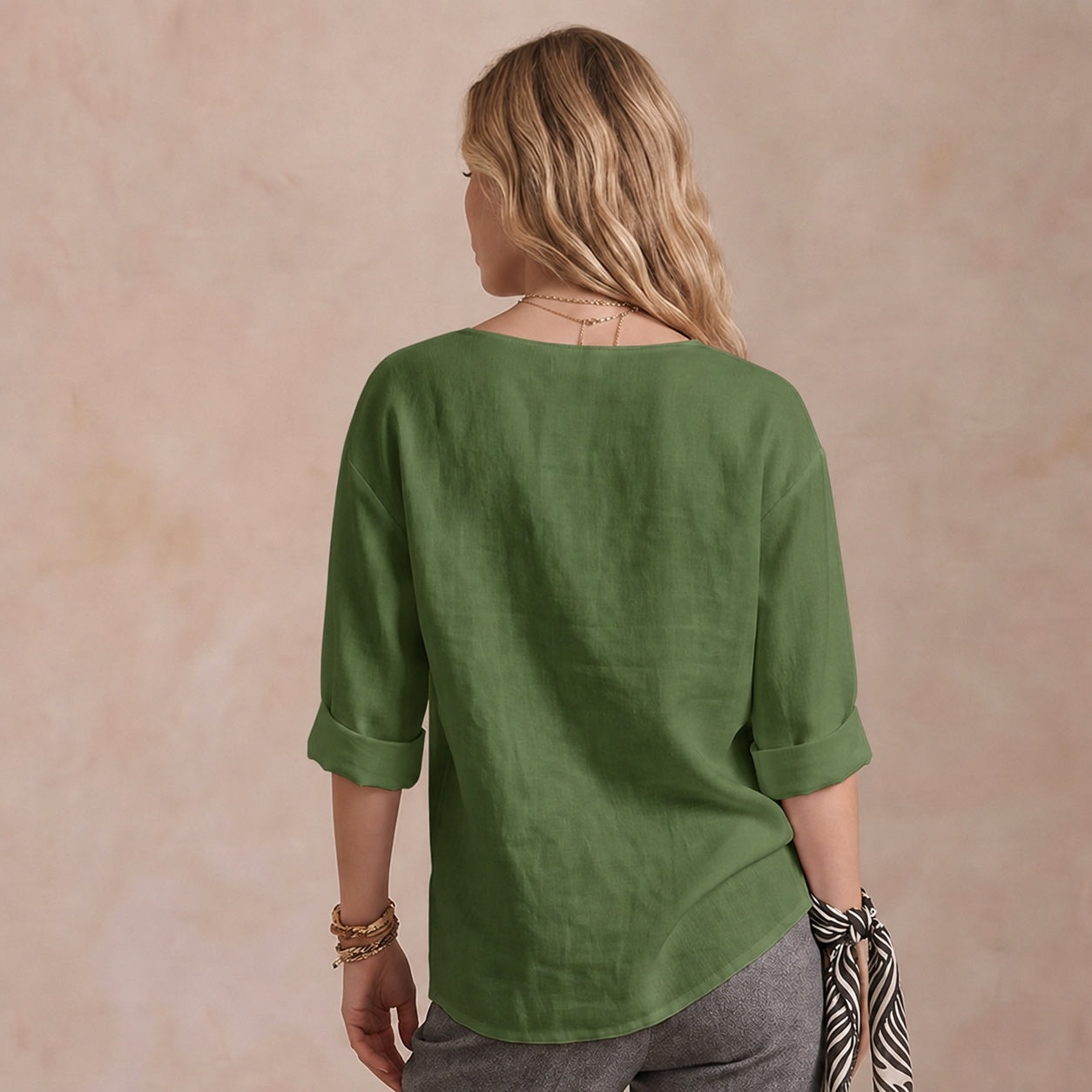 Women's Linen-Look V-Neck Blouse Long-Sleeve Button Casual Shirt Everyday
