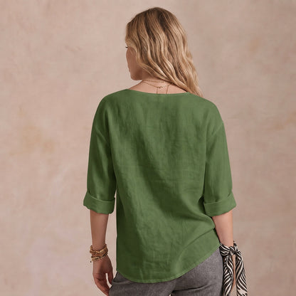Women's Linen-Look V-Neck Blouse Long-Sleeve Button Casual Shirt Everyday