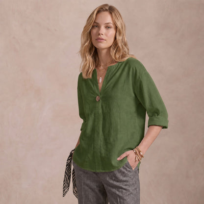 Women's Linen-Look V-Neck Blouse Long-Sleeve Button Casual Shirt Everyday
