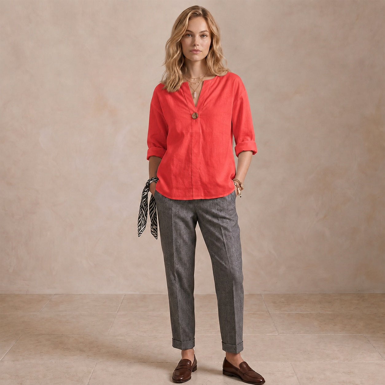 Women's Linen-Look V-Neck Blouse Long-Sleeve Button Casual Shirt Everyday