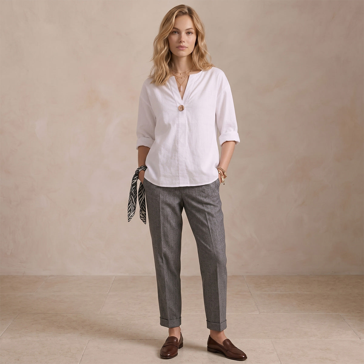 Women's Linen-Look V-Neck Blouse Long-Sleeve Button Casual Shirt Everyday