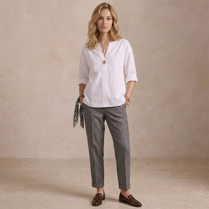 Women's Linen-Look V-Neck Blouse Long-Sleeve Button Casual Shirt Everyday