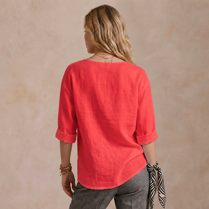 Women's Linen-Look V-Neck Blouse Long-Sleeve Button Casual Shirt Everyday