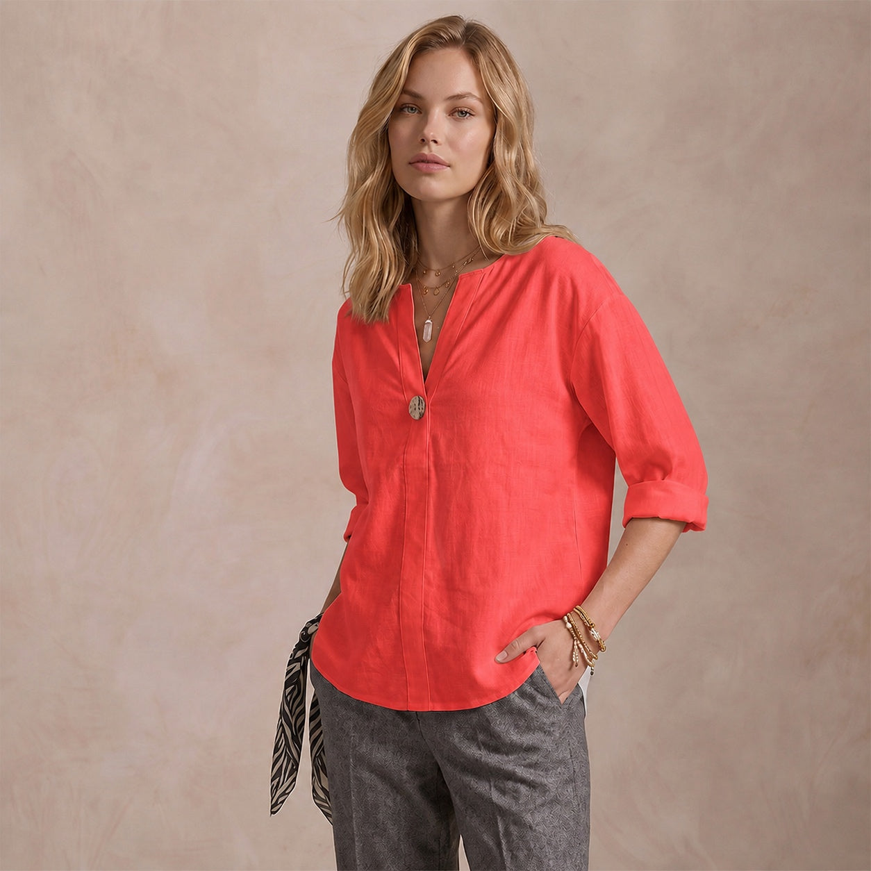 Women's Linen-Look V-Neck Blouse Long-Sleeve Button Casual Shirt Everyday
