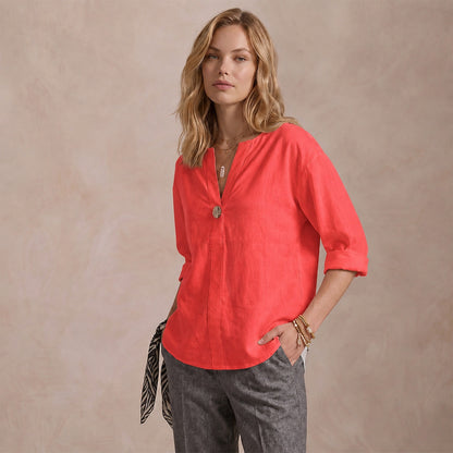 Women's Linen-Look V-Neck Blouse Long-Sleeve Button Casual Shirt Everyday