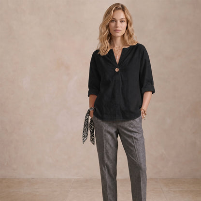 Women's Linen-Look V-Neck Blouse Long-Sleeve Button Casual Shirt Everyday