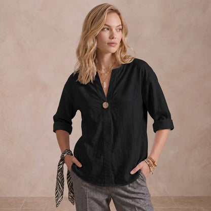Women's Linen-Look V-Neck Blouse Long-Sleeve Button Casual Shirt Everyday
