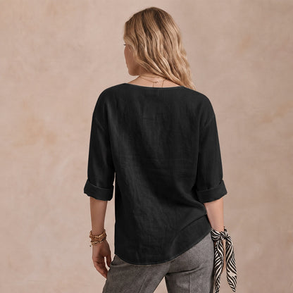 Women's Linen-Look V-Neck Blouse Long-Sleeve Button Casual Shirt Everyday