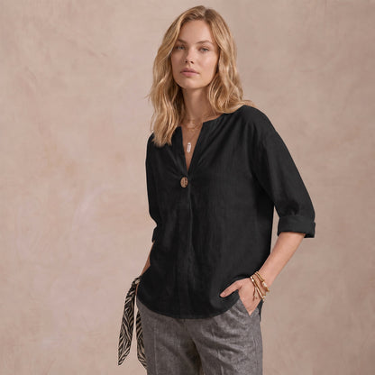 Women's Linen-Look V-Neck Blouse Long-Sleeve Button Casual Shirt Everyday