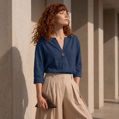 Women's Linen-Look V-Neck Blouse Long-Sleeve Button Casual Shirt Everyday