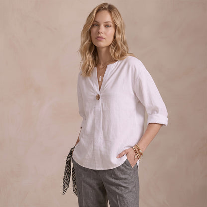 Women's Linen-Look V-Neck Blouse Long-Sleeve Button Casual Shirt Everyday