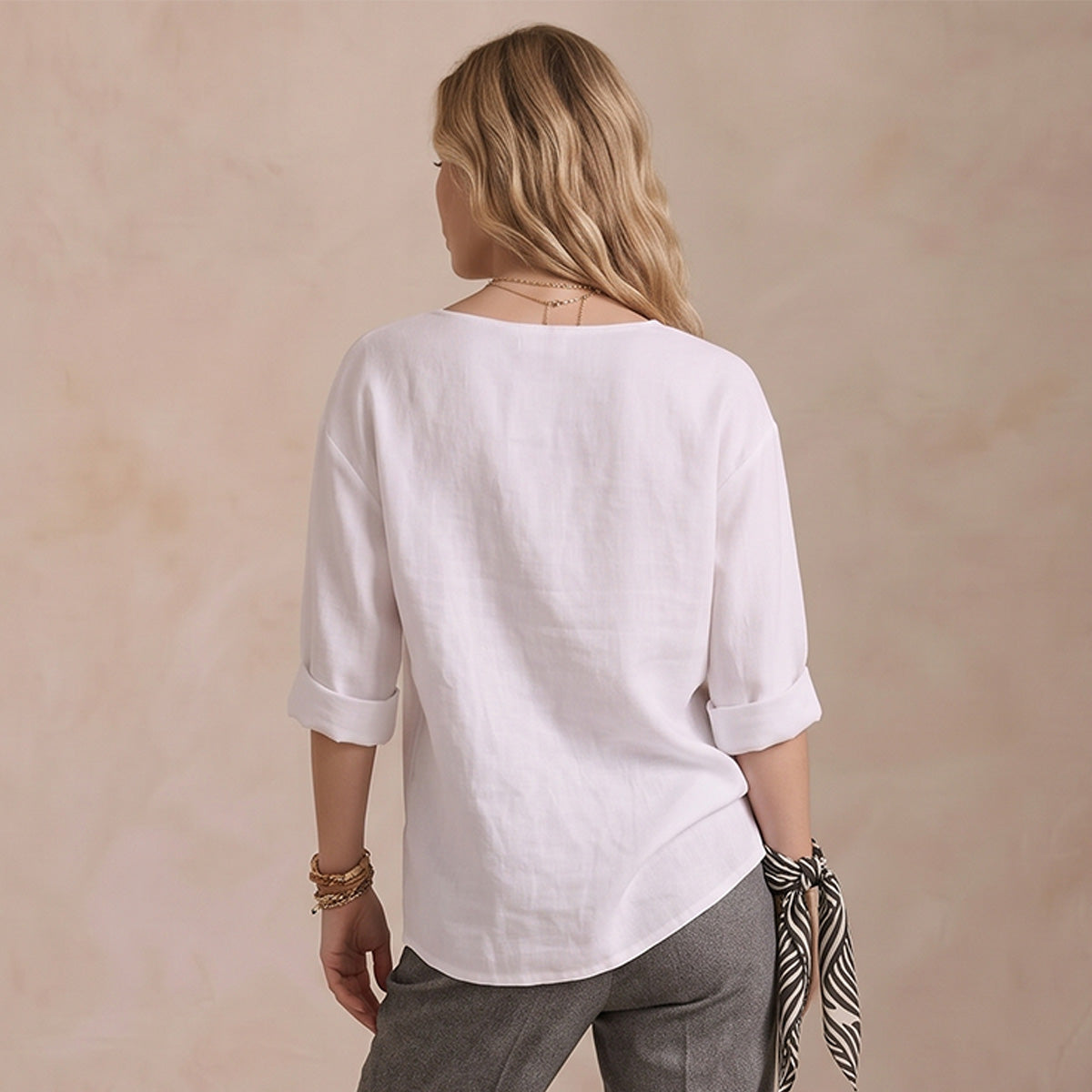 Women's Linen-Look V-Neck Blouse Long-Sleeve Button Casual Shirt Everyday