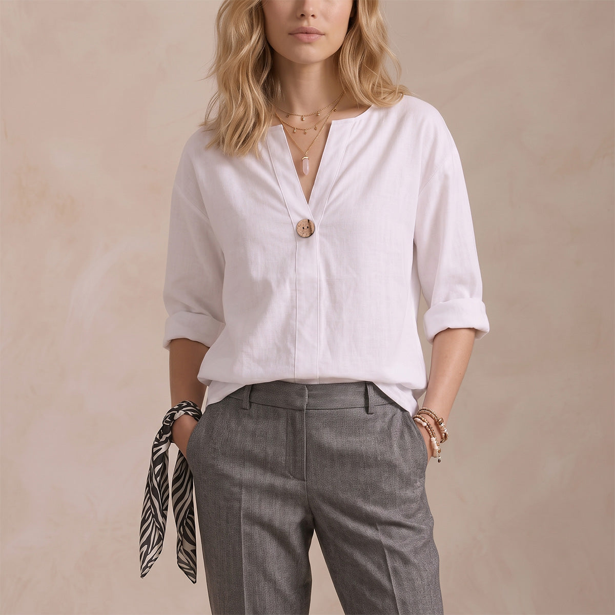 Women's Linen-Look V-Neck Blouse Long-Sleeve Button Casual Shirt Everyday