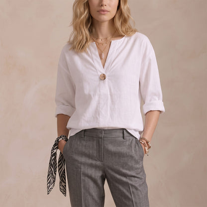 Women's Linen-Look V-Neck Blouse Long-Sleeve Button Casual Shirt Everyday