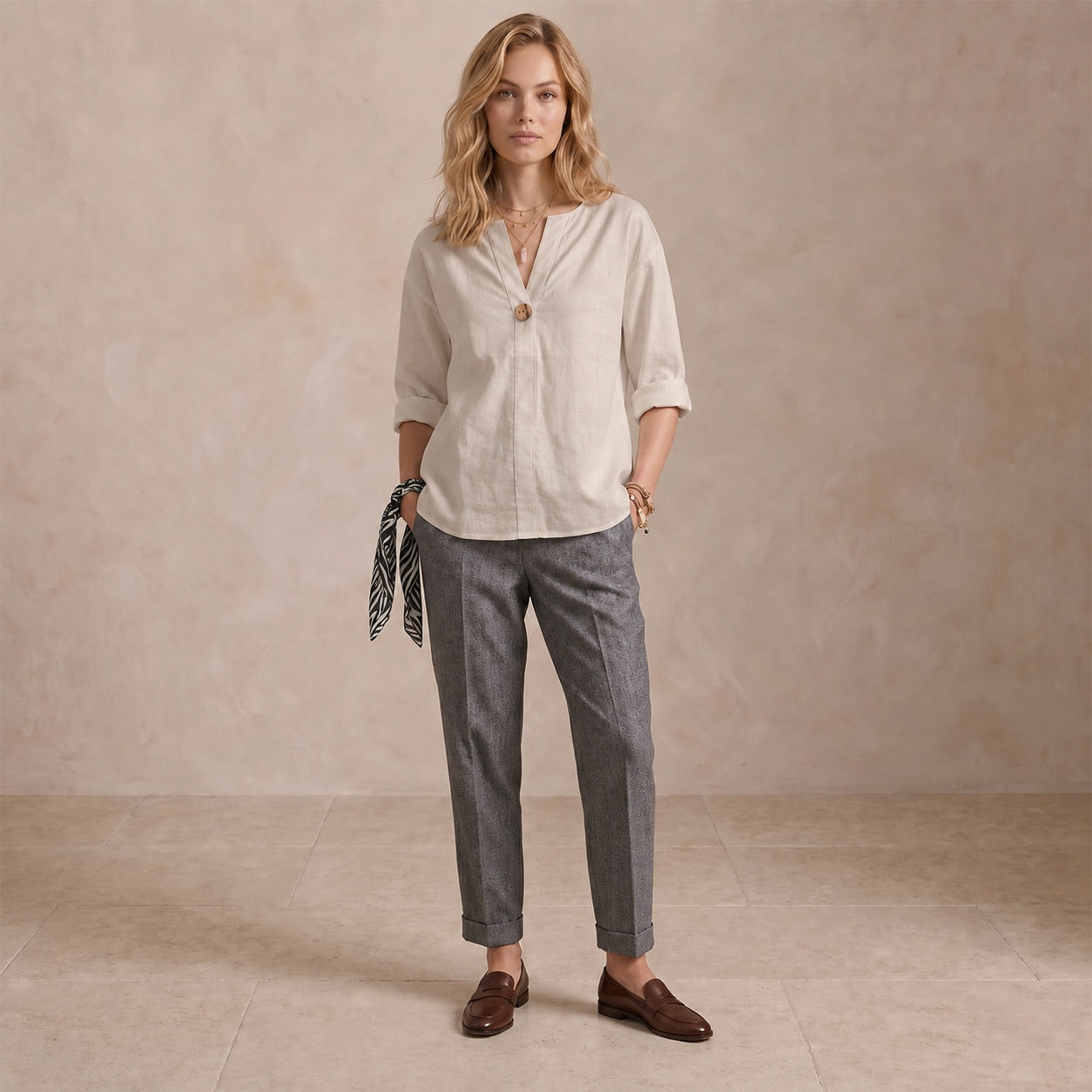 Women's Linen-Look V-Neck Blouse Long-Sleeve Button Casual Shirt Everyday