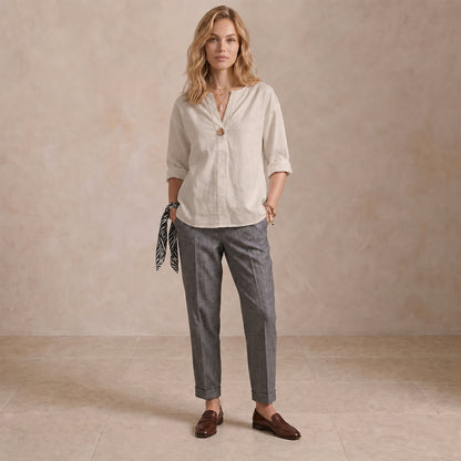 Women's Linen-Look V-Neck Blouse Long-Sleeve Button Casual Shirt Everyday
