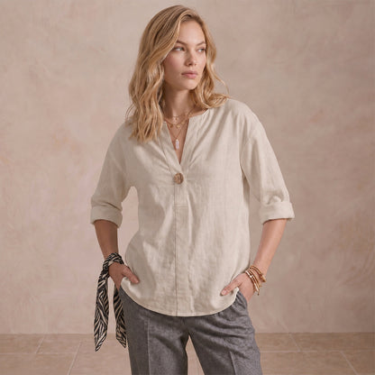Women's Linen-Look V-Neck Blouse Long-Sleeve Button Casual Shirt Everyday