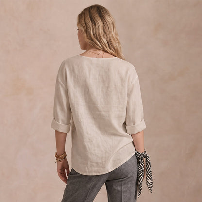 Women's Linen-Look V-Neck Blouse Long-Sleeve Button Casual Shirt Everyday