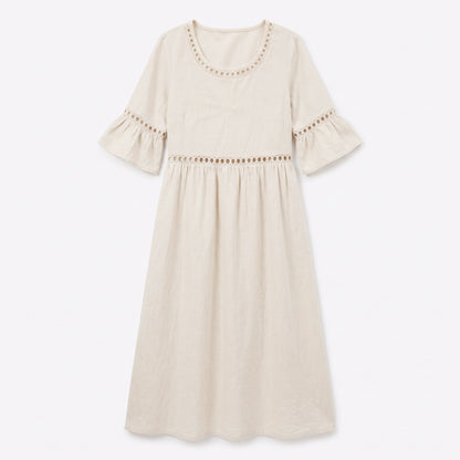 Auldweave Women's Linen Look Summer Midi Dress Hollow Out Boho