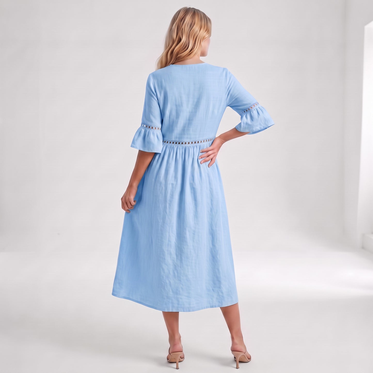 Auldweave Women's Linen Look Summer Midi Dress Hollow Out Boho