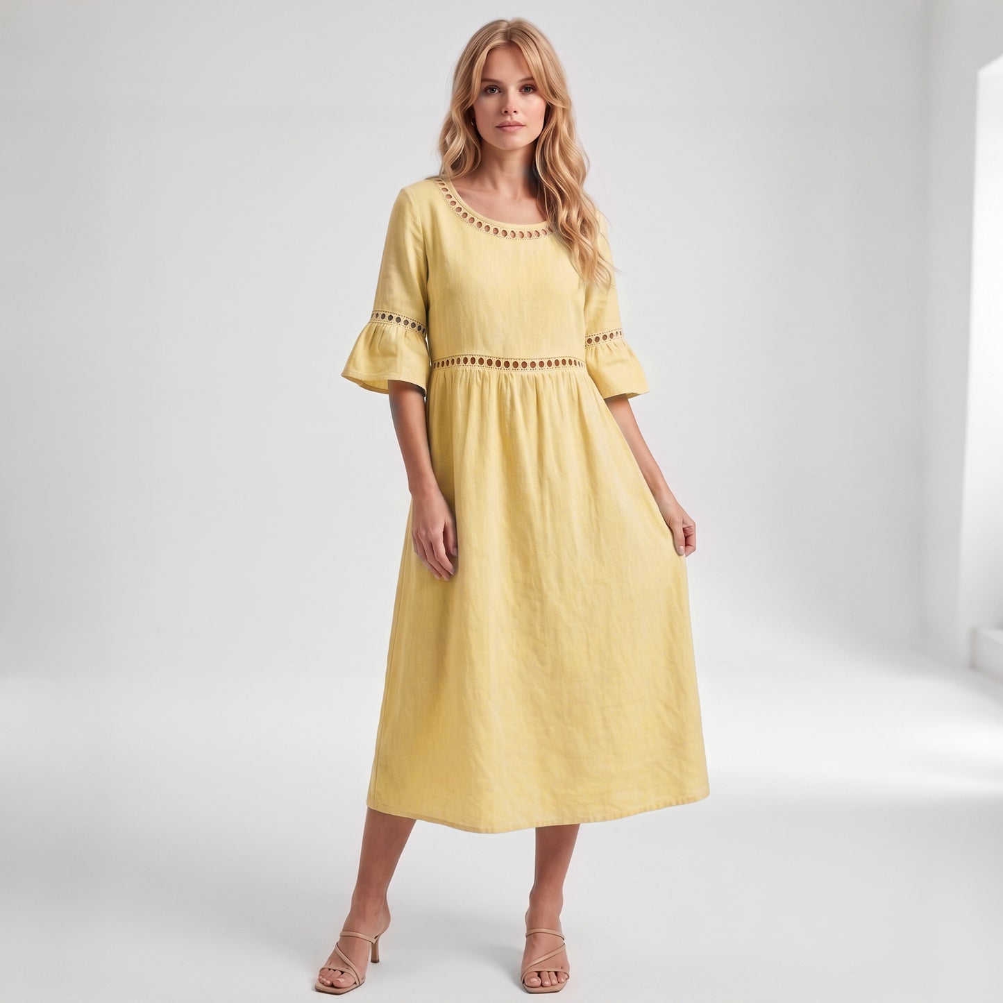 Auldweave Women's Linen Look Summer Midi Dress Hollow Out Boho