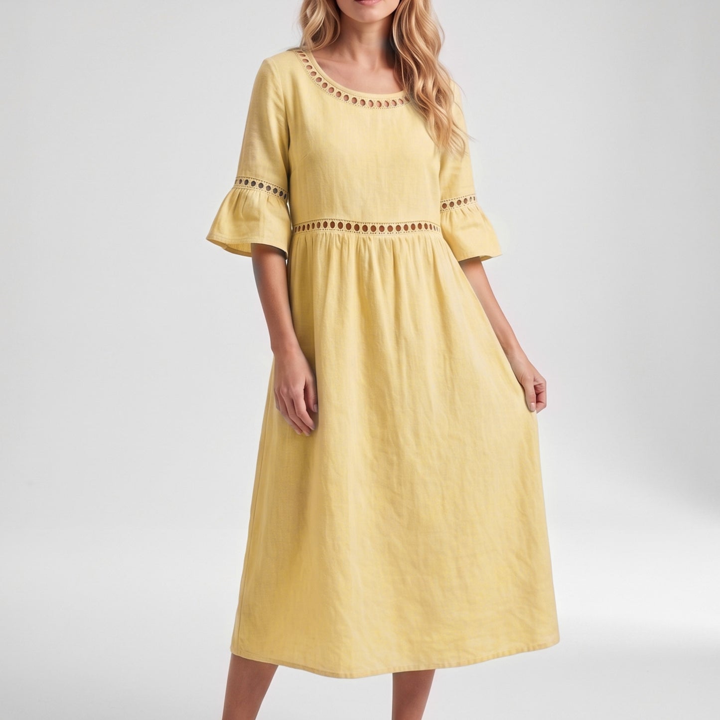 Auldweave Women's Linen Look Summer Midi Dress Hollow Out Boho