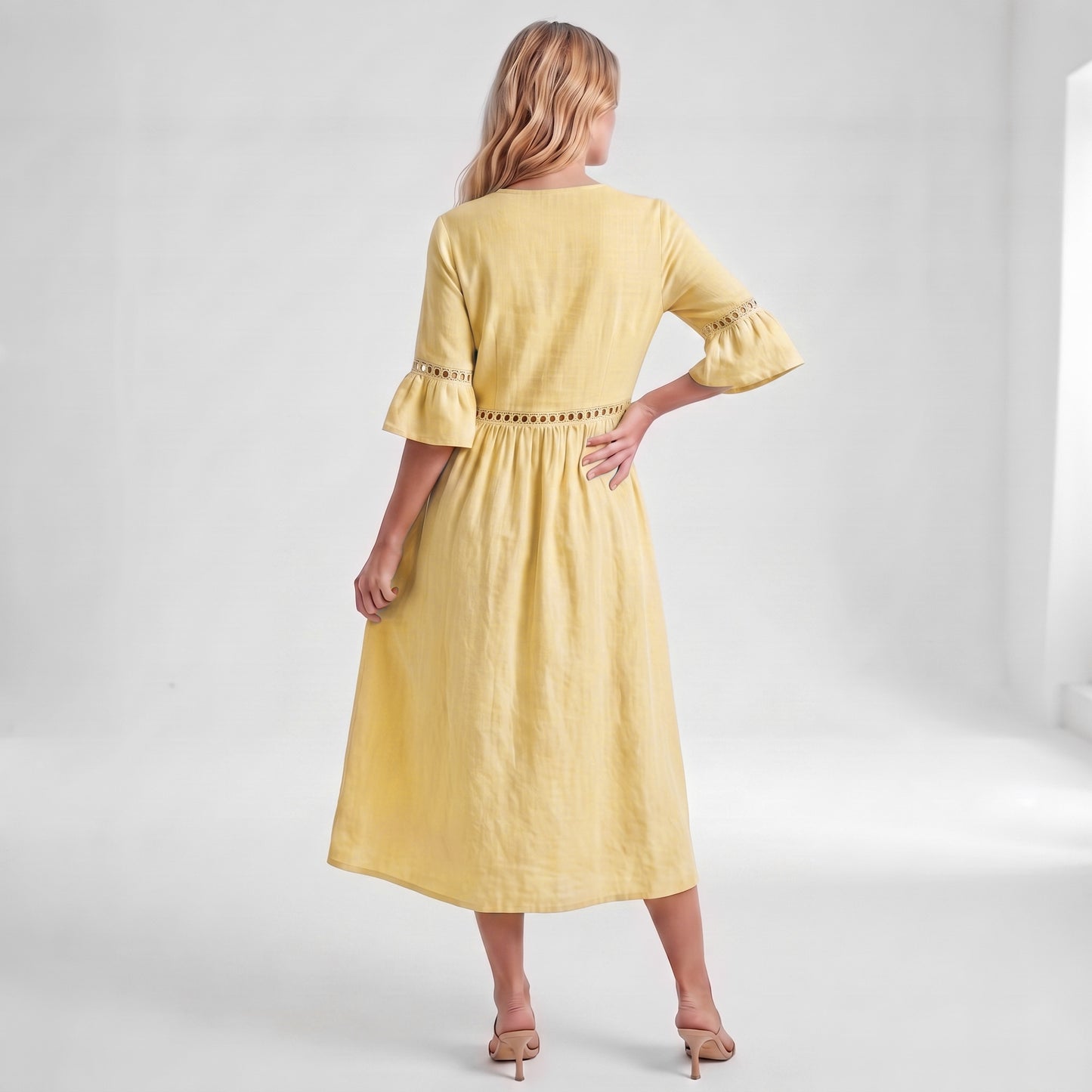 Auldweave Women's Linen Look Summer Midi Dress Hollow Out Boho