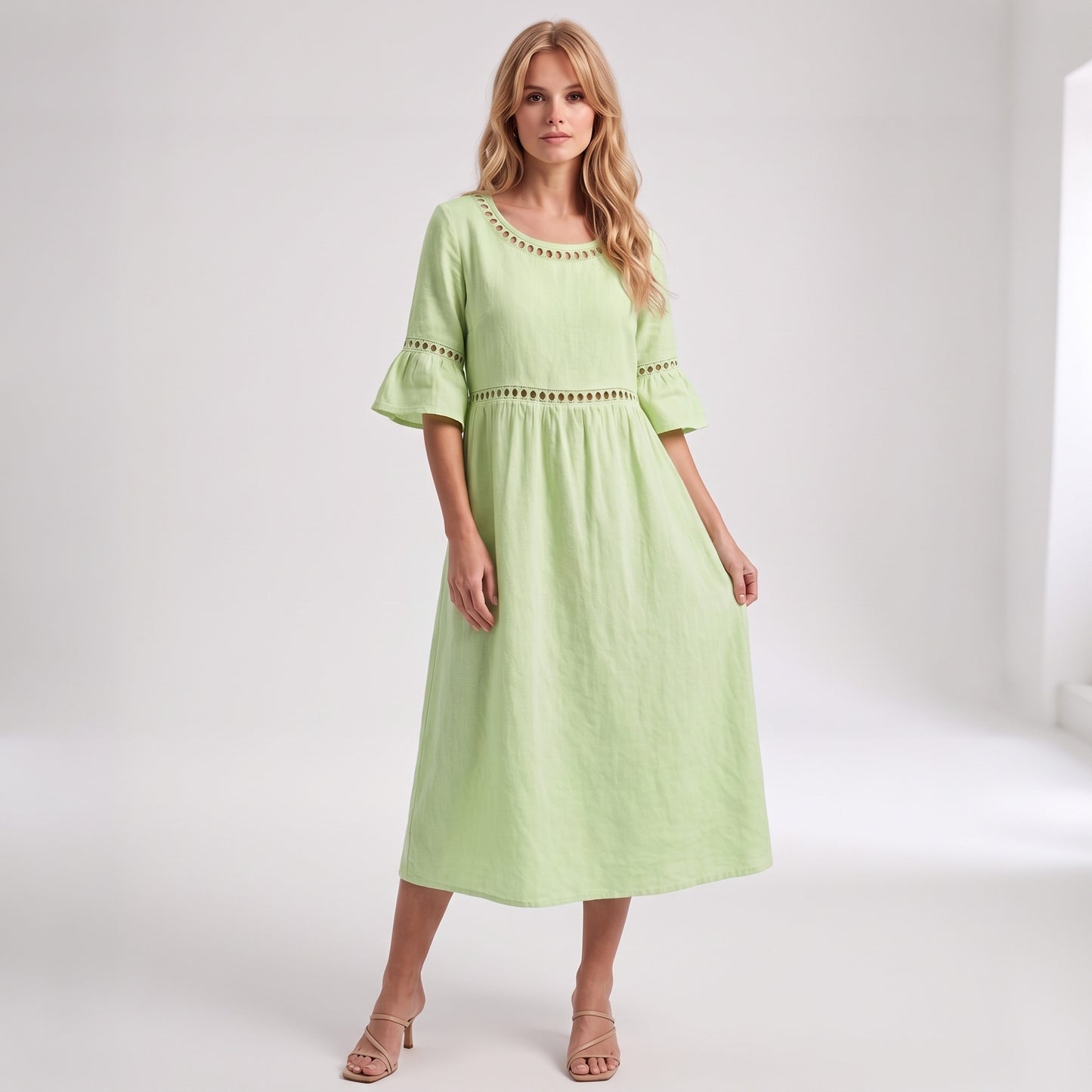 Auldweave Women's Linen Look Summer Midi Dress Hollow Out Boho