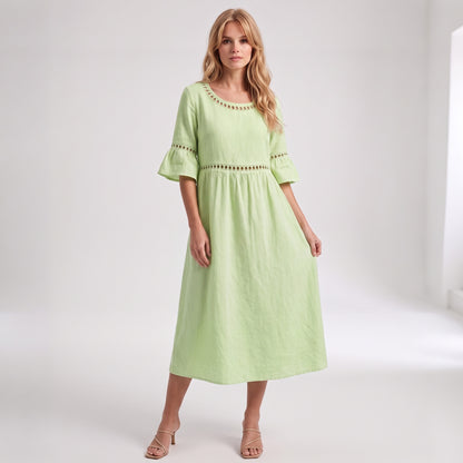 Auldweave Women's Linen Look Summer Midi Dress Hollow Out Boho