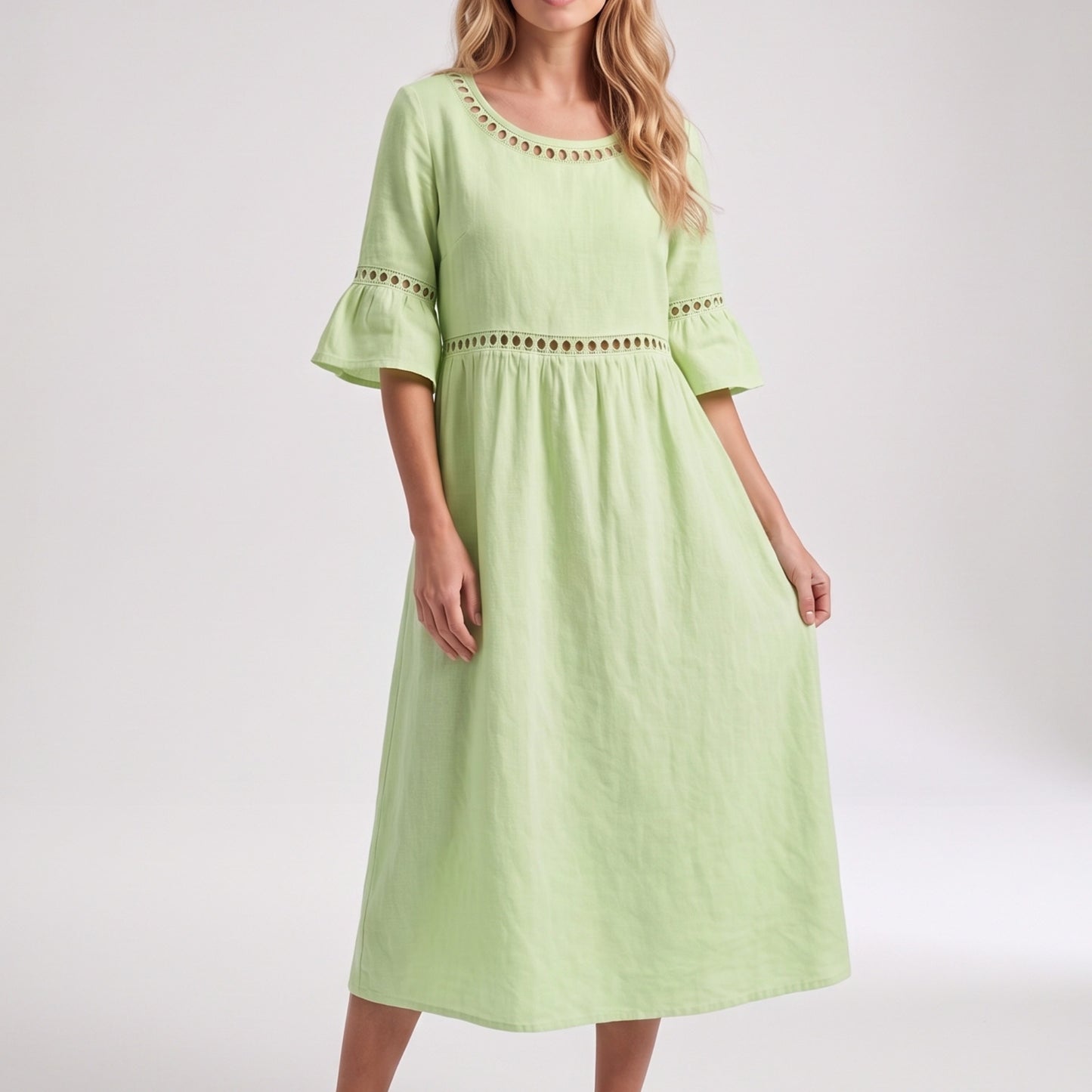 Auldweave Women's Linen Look Summer Midi Dress Hollow Out Boho