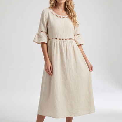 Auldweave Women's Linen Look Summer Midi Dress Hollow Out Boho