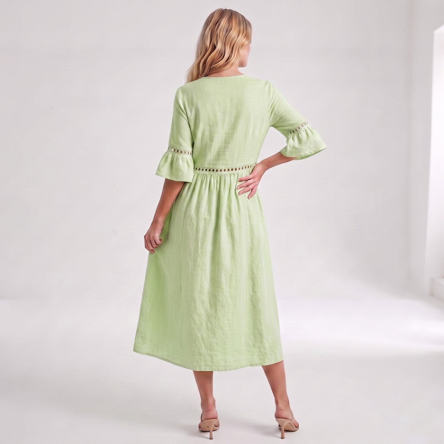 Auldweave Women's Linen Look Summer Midi Dress Hollow Out Boho