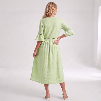 Auldweave Women's Linen Look Summer Midi Dress Hollow Out Boho