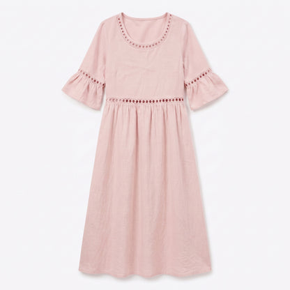 Auldweave Women's Linen Look Summer Midi Dress Hollow Out Boho