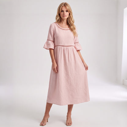 Auldweave Women's Linen Look Summer Midi Dress Hollow Out Boho