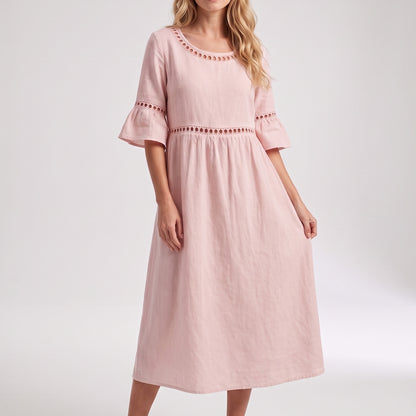 Auldweave Women's Linen Look Summer Midi Dress Hollow Out Boho
