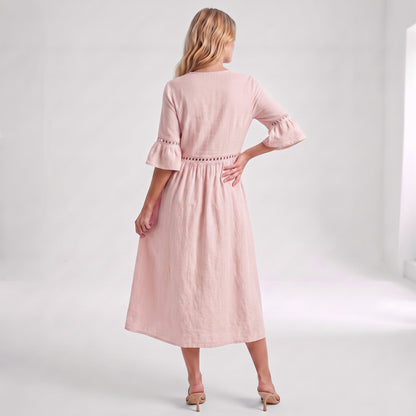 Auldweave Women's Linen Look Summer Midi Dress Hollow Out Boho