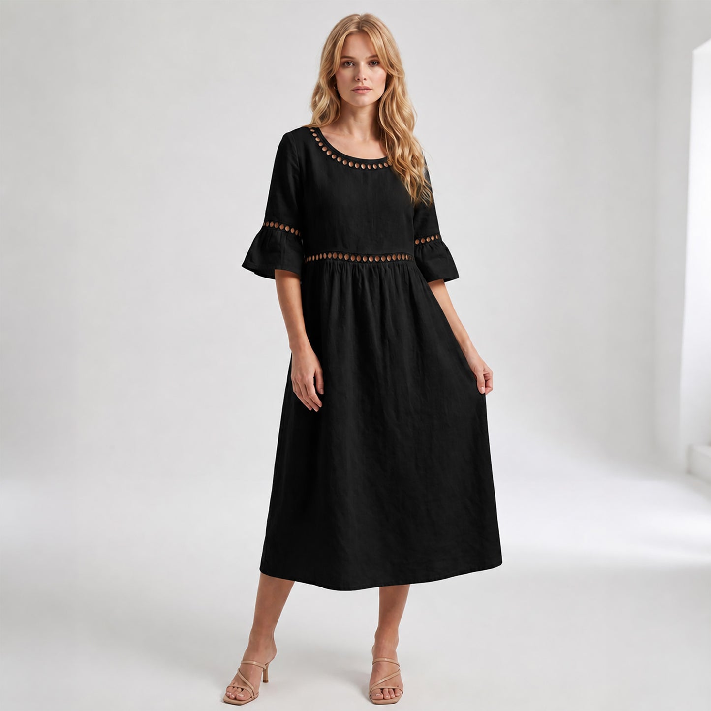Auldweave Women's Linen Look Summer Midi Dress Hollow Out Boho
