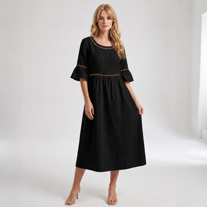 Auldweave Women's Linen Look Summer Midi Dress Hollow Out Boho